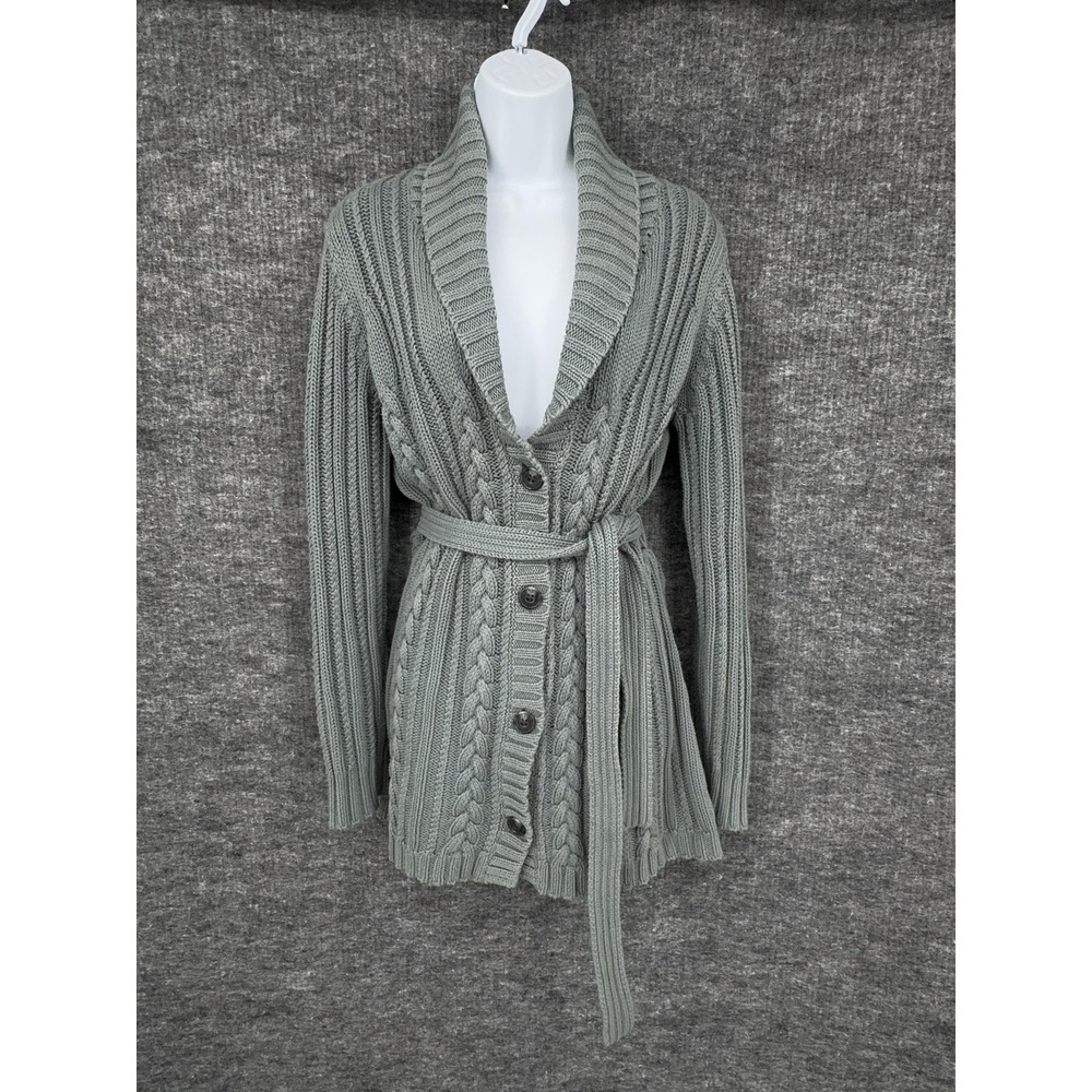 Eddie Bauer Cardigan Sweater Womens M Green Gray Belted Cable Knit Shawl Collar